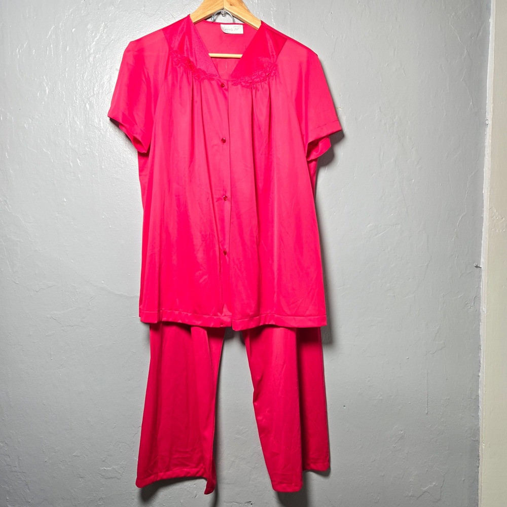 Vanity Fair Vintage Pajama Set Hot Pink Floral Embroidered Retro Loungewear L